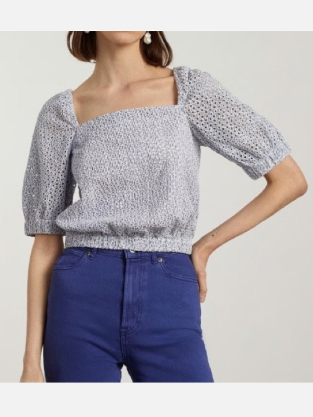 Everlane The Eyelet Puff Sleeve Blue and White Blouse Top